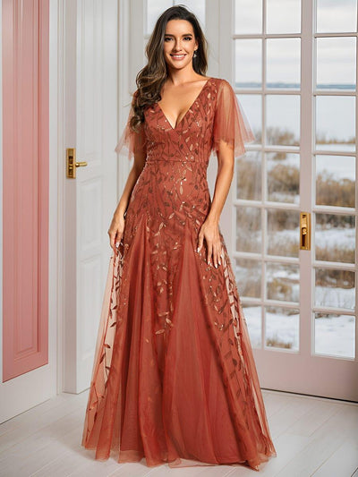 Romantic Shimmery V Neck Ruffle Sleeves Maxi Long Evening Gowns #color_Burnt Orange