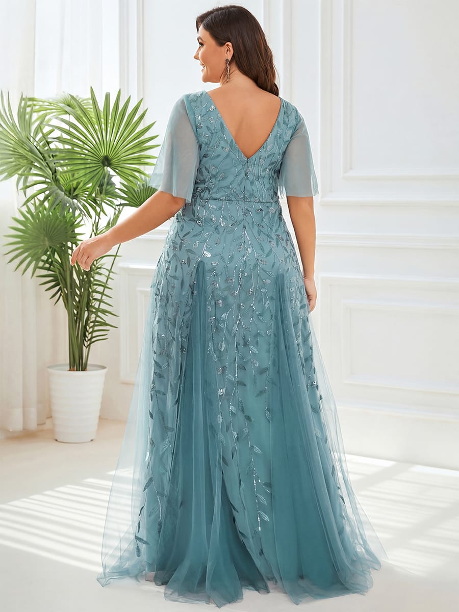 Romantic Shimmery V Neck Ruffle Sleeves Maxi Long Evening Gowns #color_Light Teal