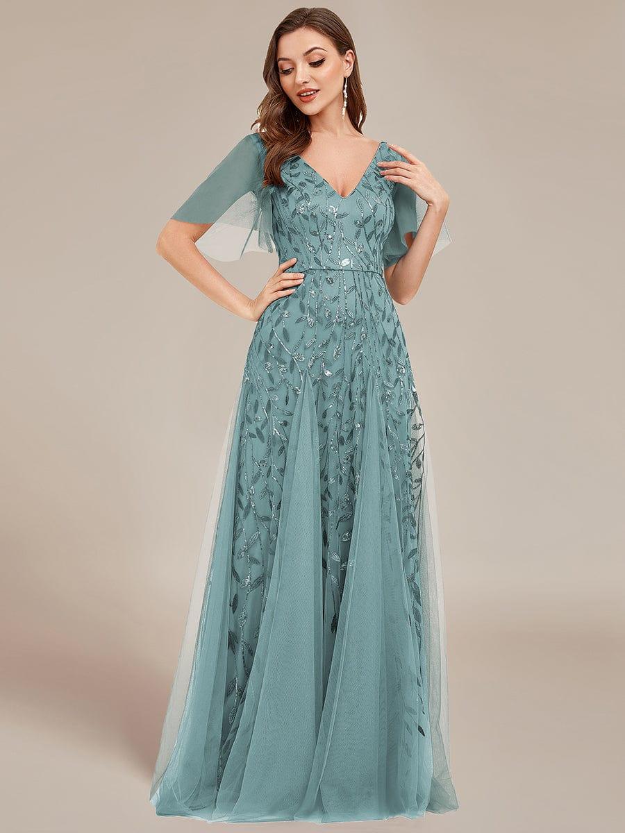 Romantic Shimmery V Neck Ruffle Sleeves Maxi Long Evening Gowns #color_Light Teal