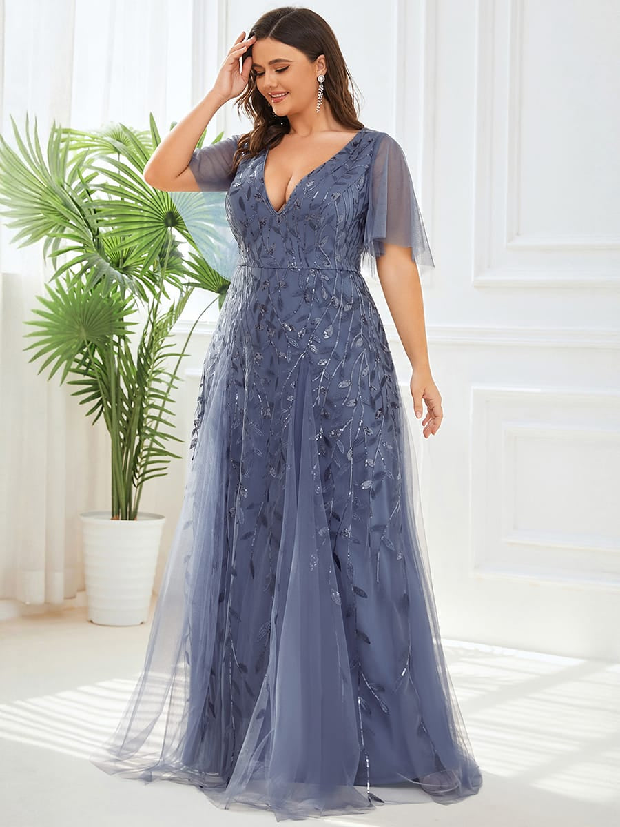 Romantic Shimmery V Neck Ruffle Sleeves Maxi Long Evening Gowns #color_Dusty Blue