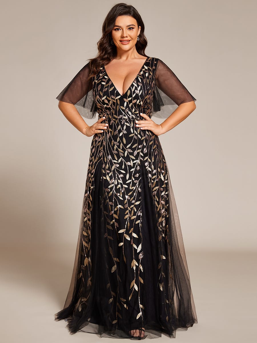 Romantic Shimmery V Neck Ruffle Sleeves Maxi Long Evening Gowns #color_Black & Gold