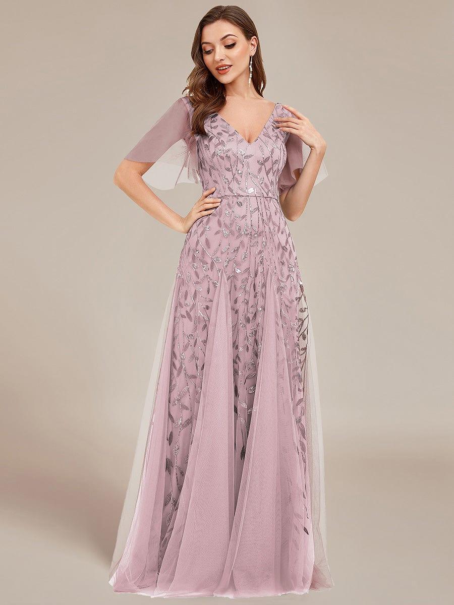 Romantic Shimmery V Neck Ruffle Sleeves Maxi Long Evening Gowns #color_Lilac