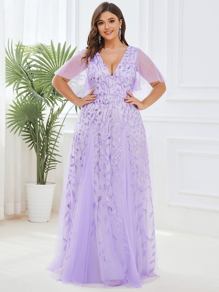 Romantic Shimmery V Neck Ruffle Sleeves Maxi Long Evening Gowns #color_Lavender