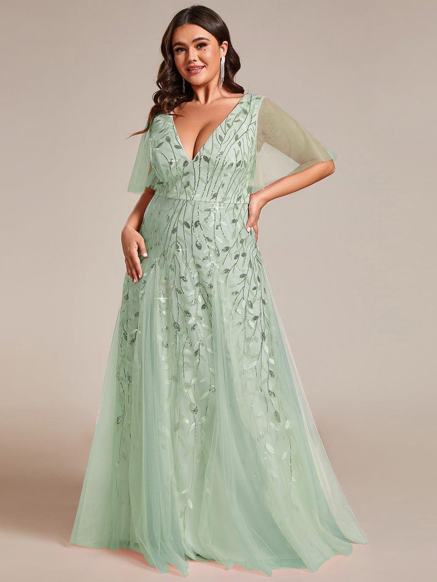 Plus Size romantic shimmery v neck ruffle sleeves evening gown #color_Mint Green