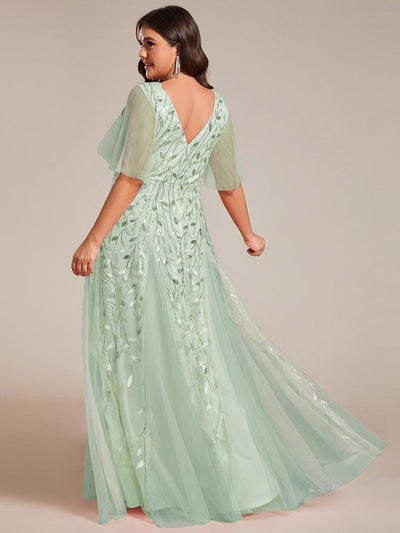 Plus Size romantic shimmery v neck ruffle sleeves evening gown #color_Mint Green