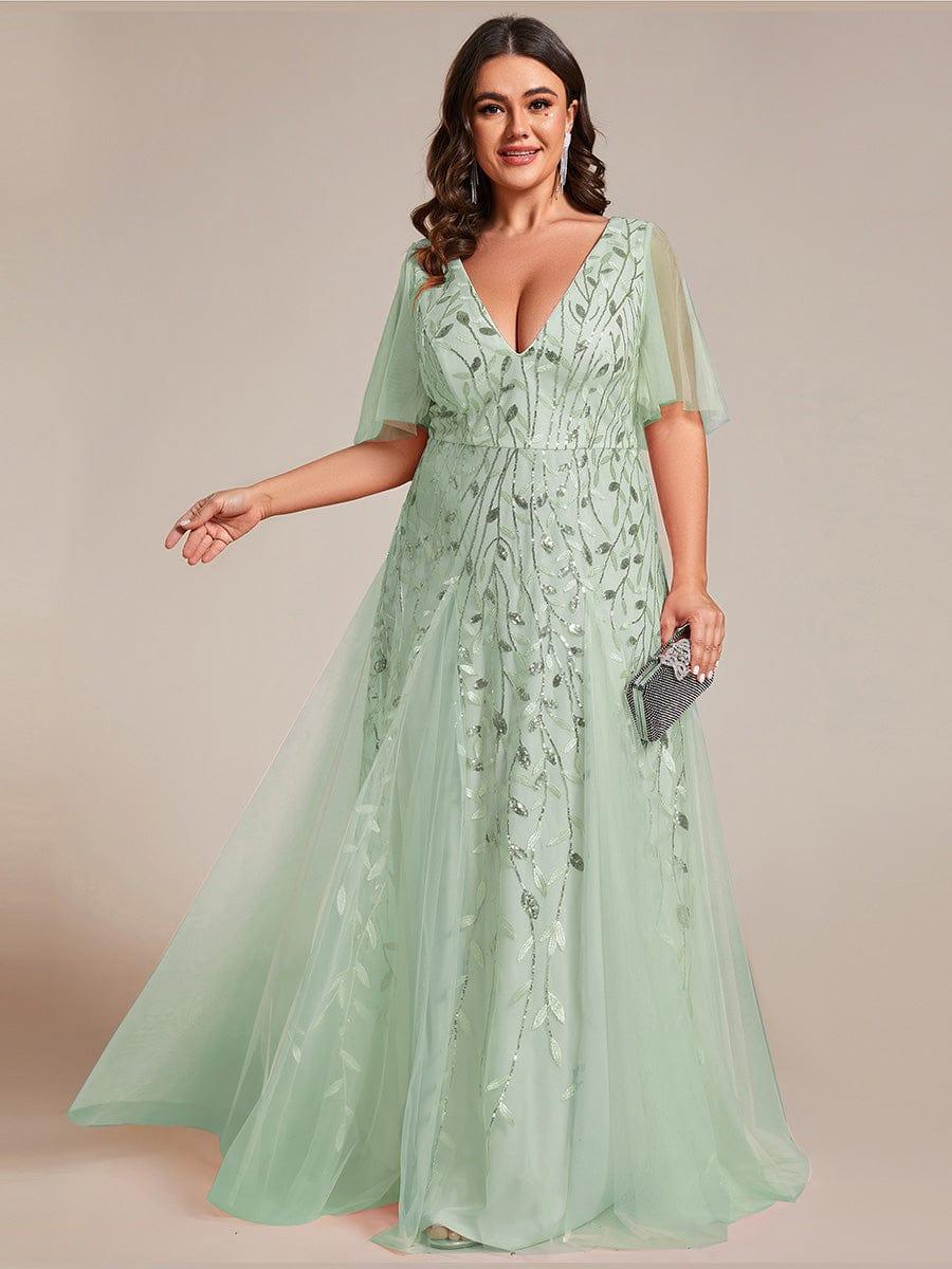 Plus Size romantic shimmery v neck ruffle sleeves evening gown #color_Mint Green