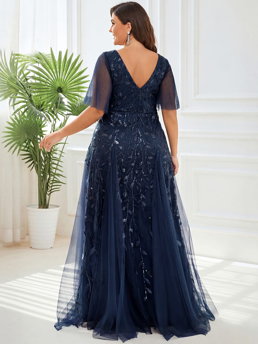 Romantic Shimmery V Neck Ruffle Sleeves Maxi Long Evening Gowns #color_Navy Blue