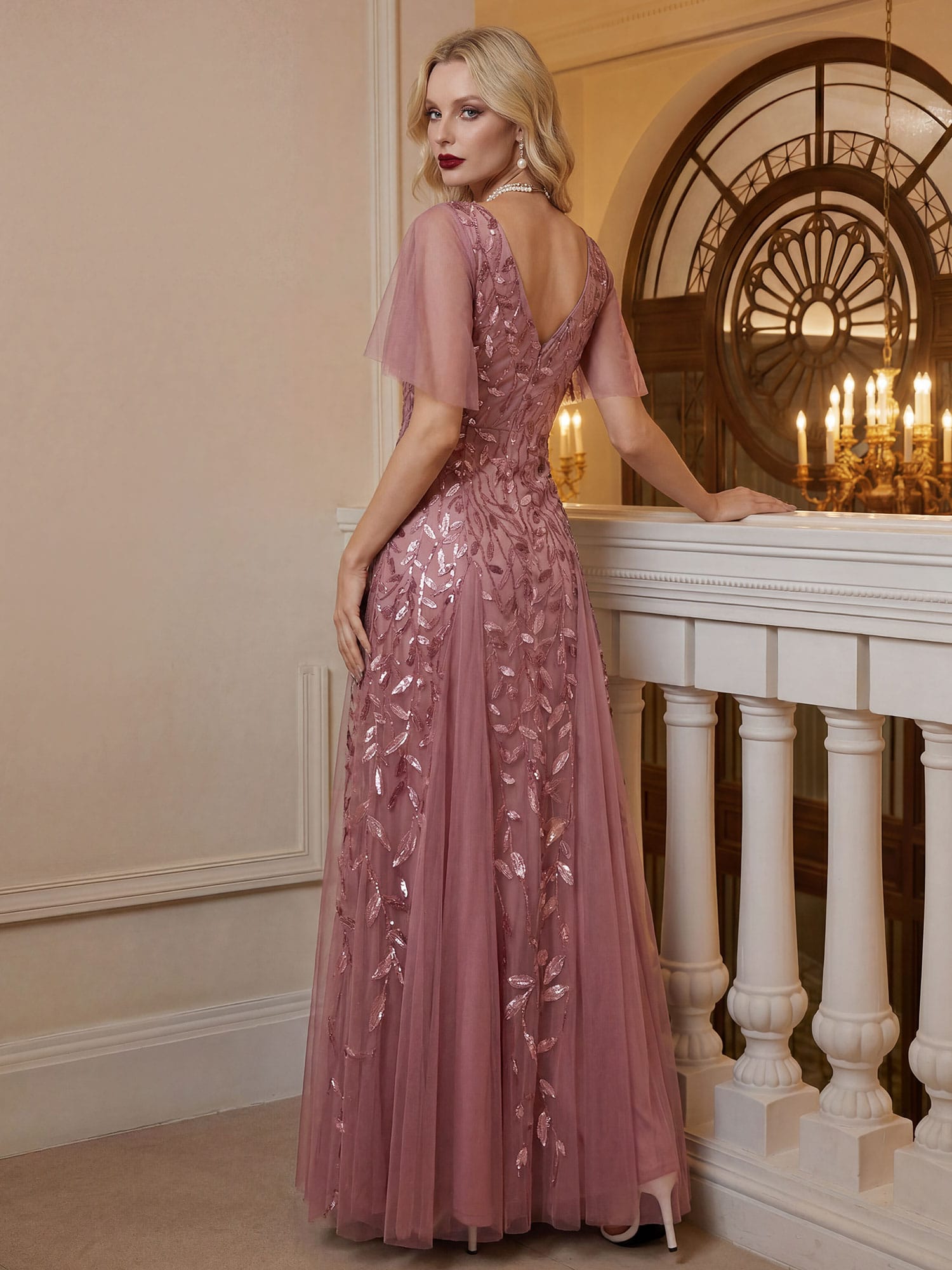 Romantic Shimmery V Neck Ruffle Sleeves Maxi Long Evening Gowns #color_Purple Orchid