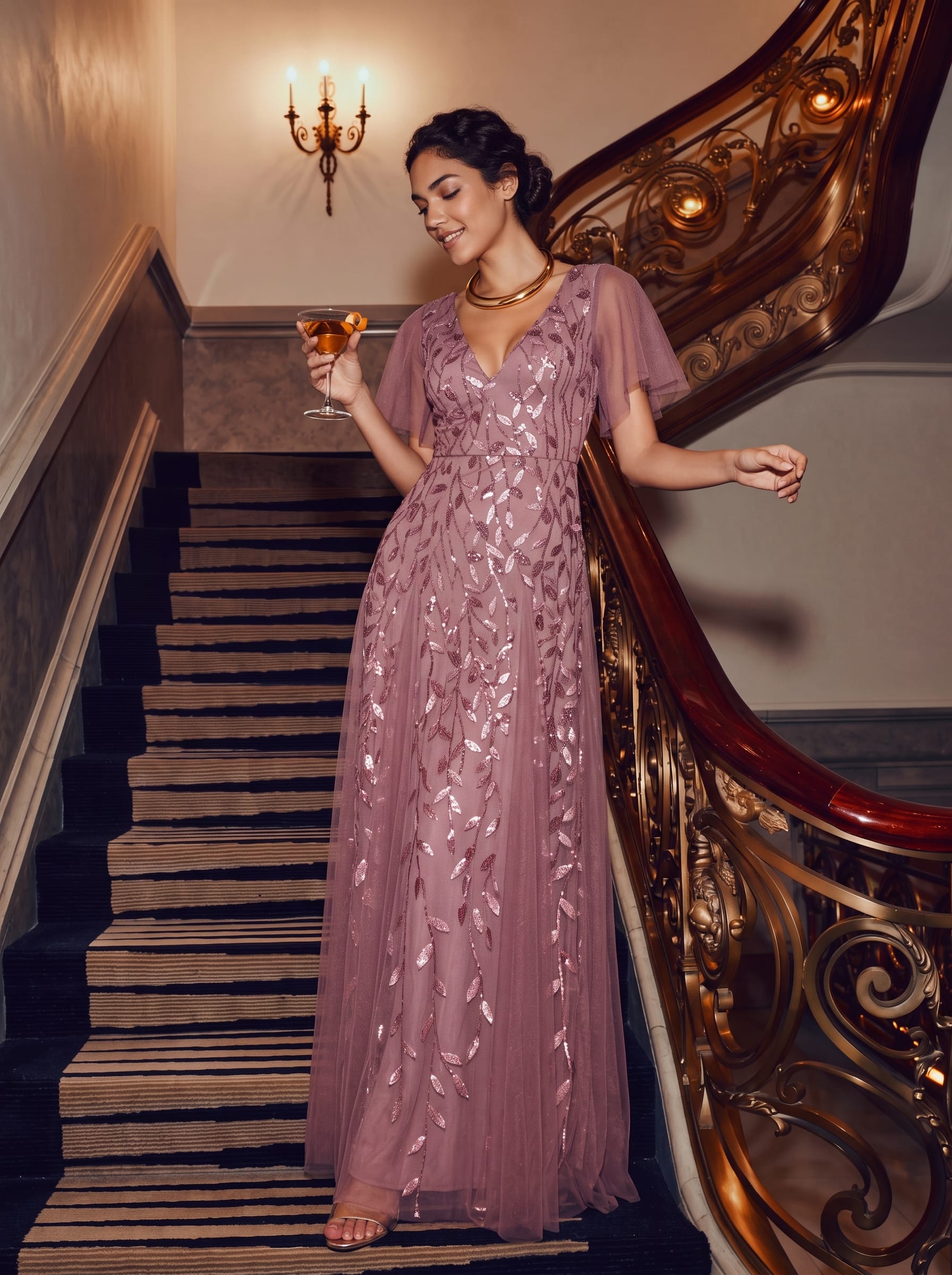 Romantic Shimmery V Neck Ruffle Sleeves Maxi Long Evening Gowns #color_Purple Orchid