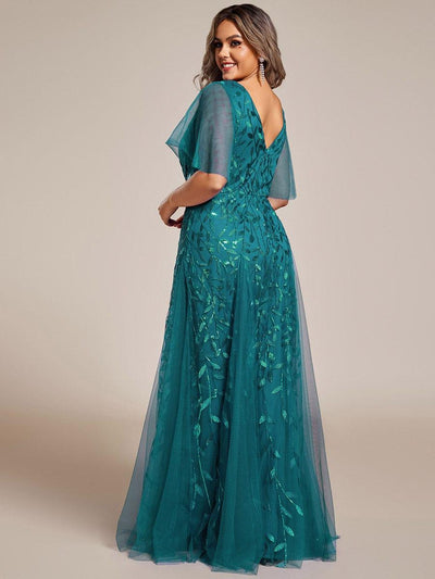 Plus Size romantic shimmery v neck ruffle sleeves evening gown #color_Teal