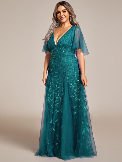 Plus Size romantic shimmery v neck ruffle sleeves evening gown #color_Teal