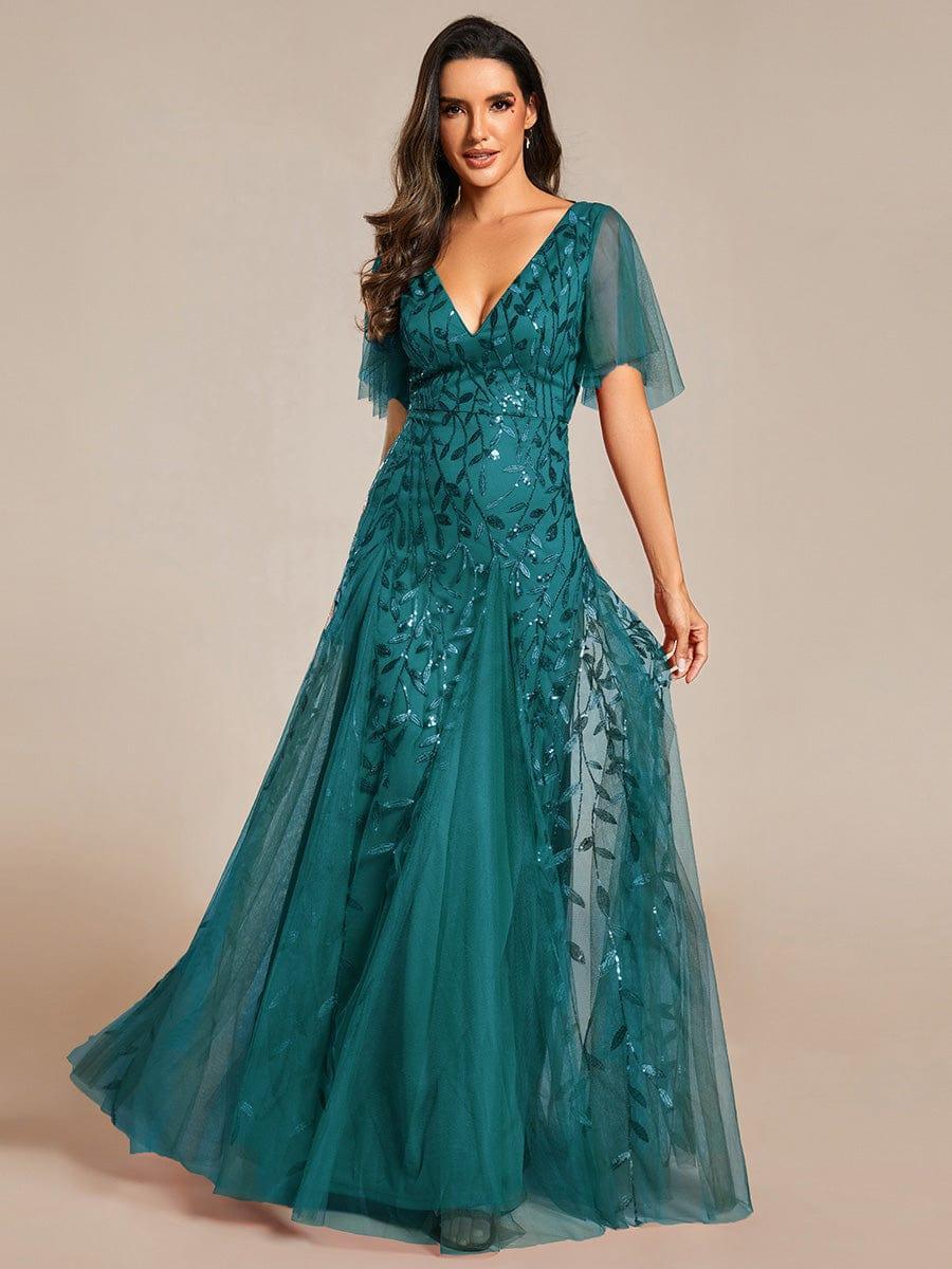 Romantic Shimmery V Neck Ruffle Sleeves Maxi Long Evening Gowns #color_Teal