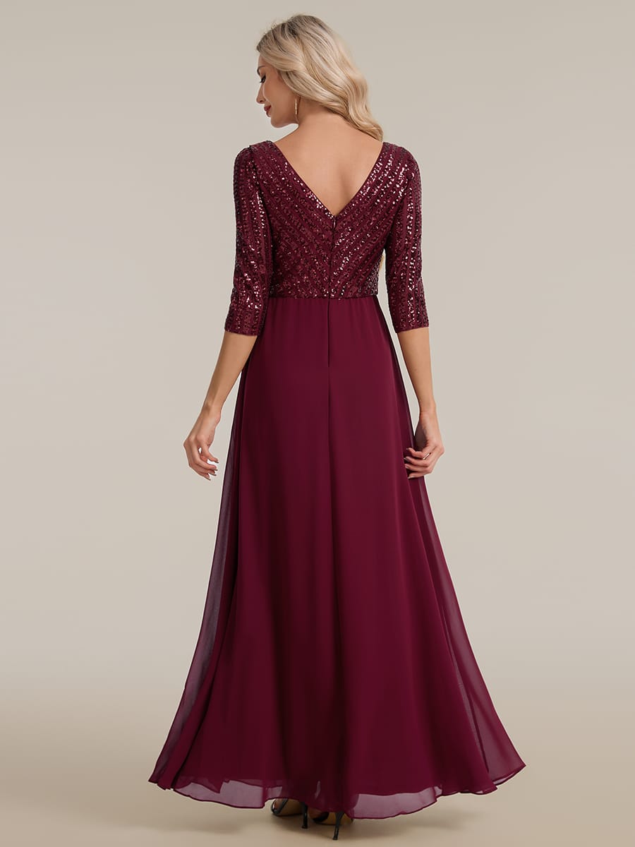 Sexy V Neck A-Line Sequin Evening Dresses with 3/4 Sleeve #color_Burgundy