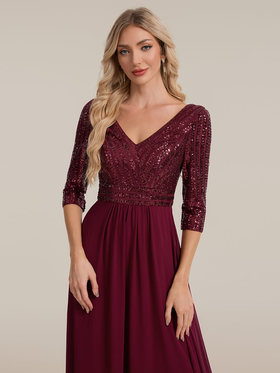 Sexy V Neck A-Line Sequin Evening Dresses with 3/4 Sleeve #color_Burgundy