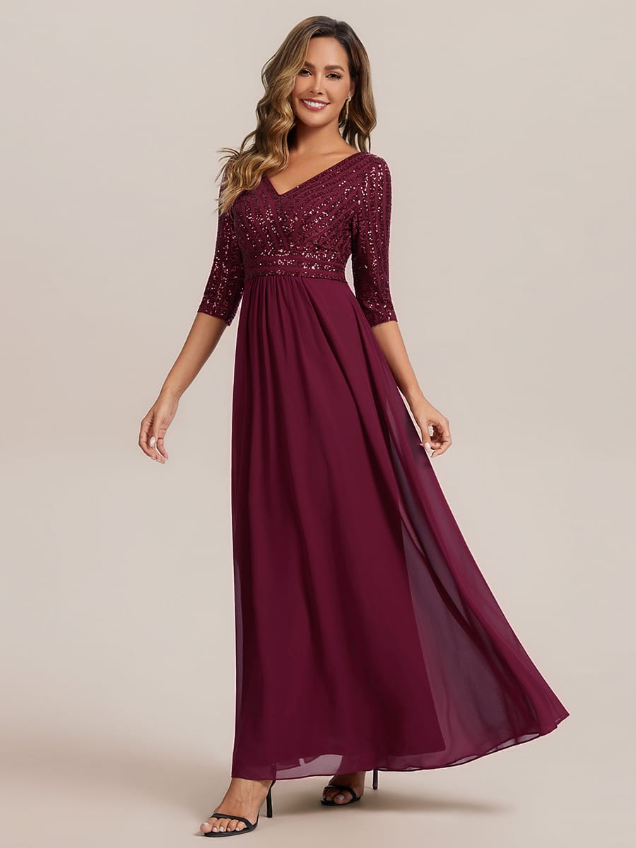 Sexy V Neck A-Line Sequin Evening Dresses with 3/4 Sleeve #color_Burgundy