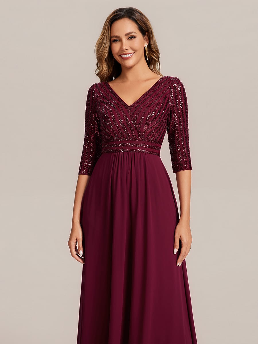 Sexy V Neck A-Line Sequin Evening Dresses with 3/4 Sleeve #color_Burgundy