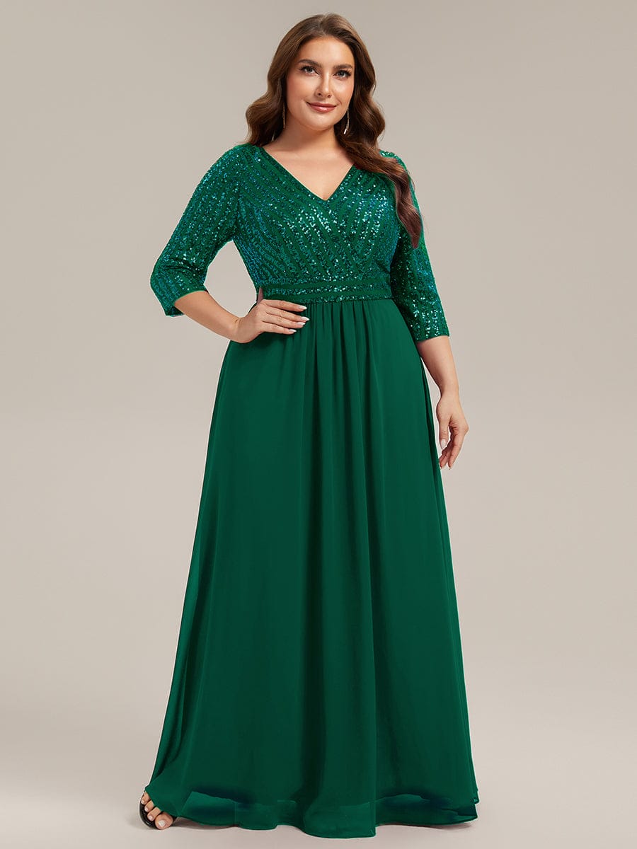 Sexy V Neck A-Line Sequin Evening Dresses with 3/4 Sleeve #color_Dark Green