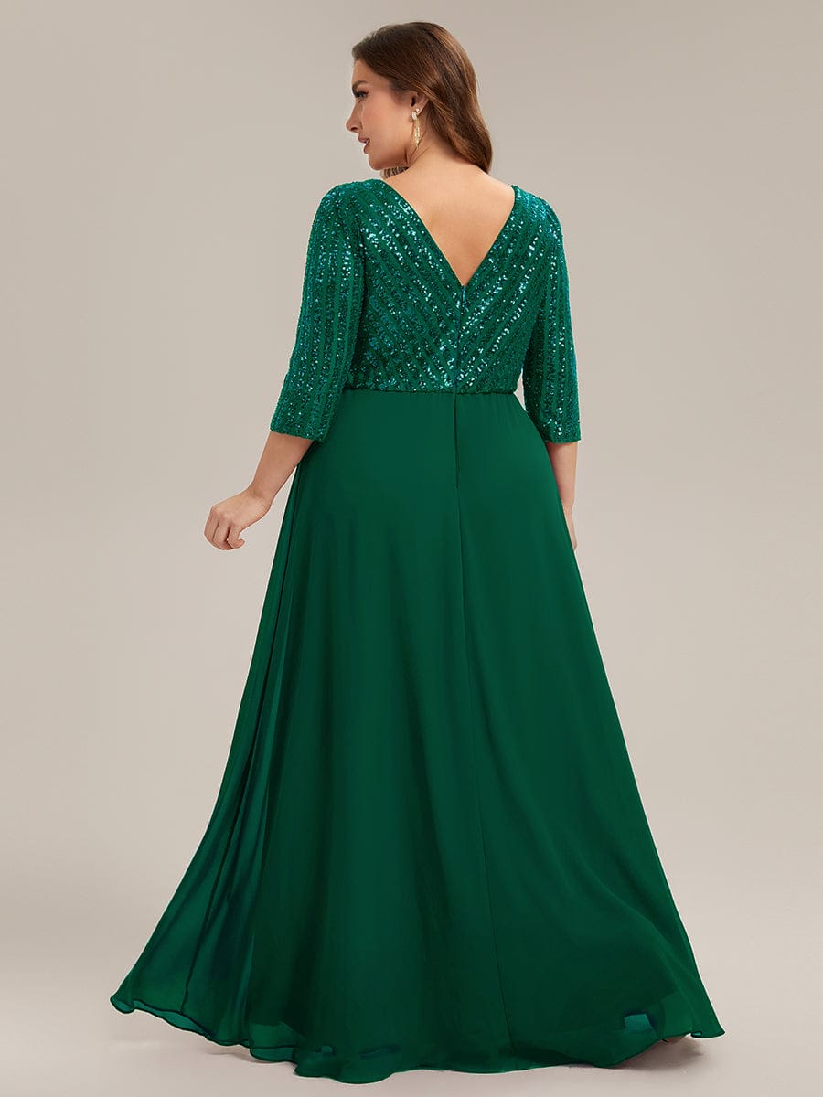 Sexy V Neck A-Line Sequin Evening Dresses with 3/4 Sleeve #color_Dark Green