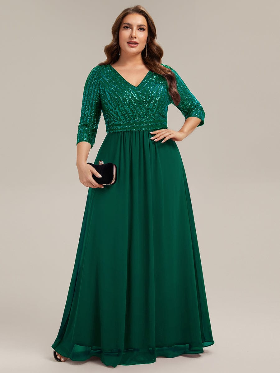 Sexy V Neck A-Line Sequin Evening Dresses with 3/4 Sleeve #color_Dark Green