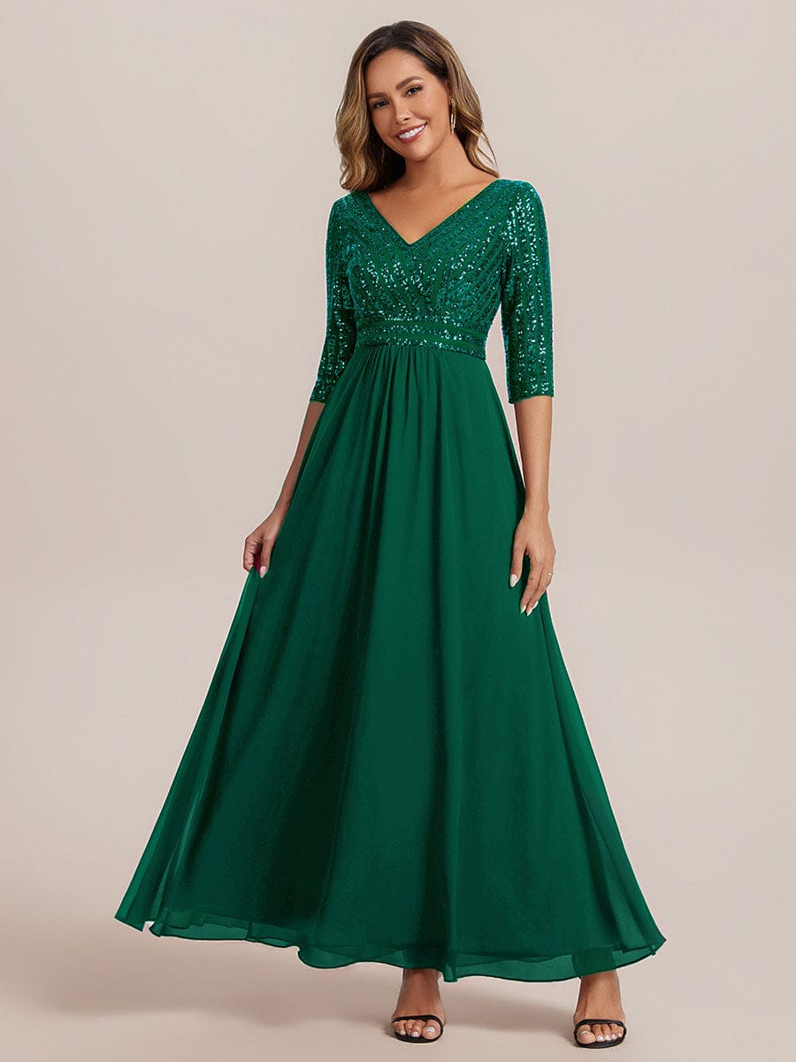 Sexy V Neck A-Line Sequin Evening Dresses with 3/4 Sleeve #color_Dark Green