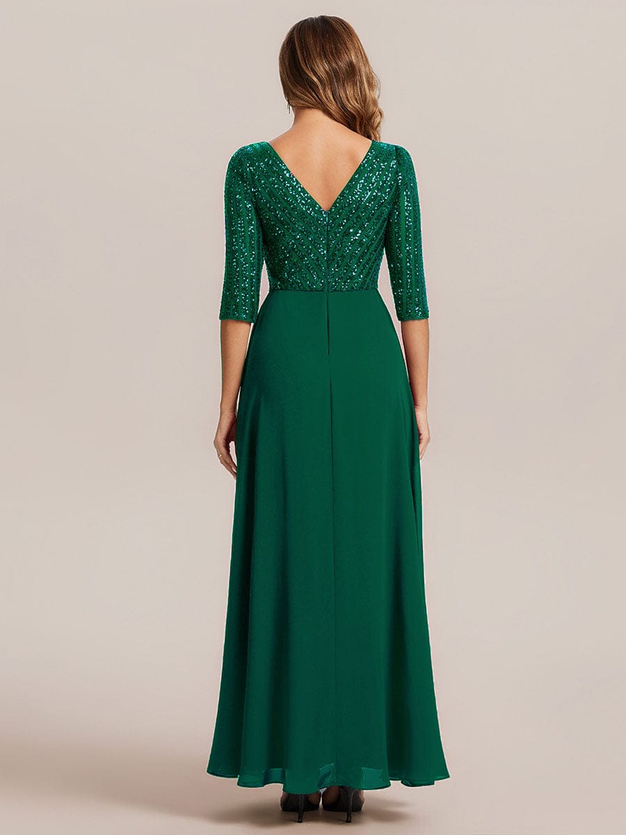 Sexy V Neck A-Line Sequin Evening Dresses with 3/4 Sleeve #color_Dark Green
