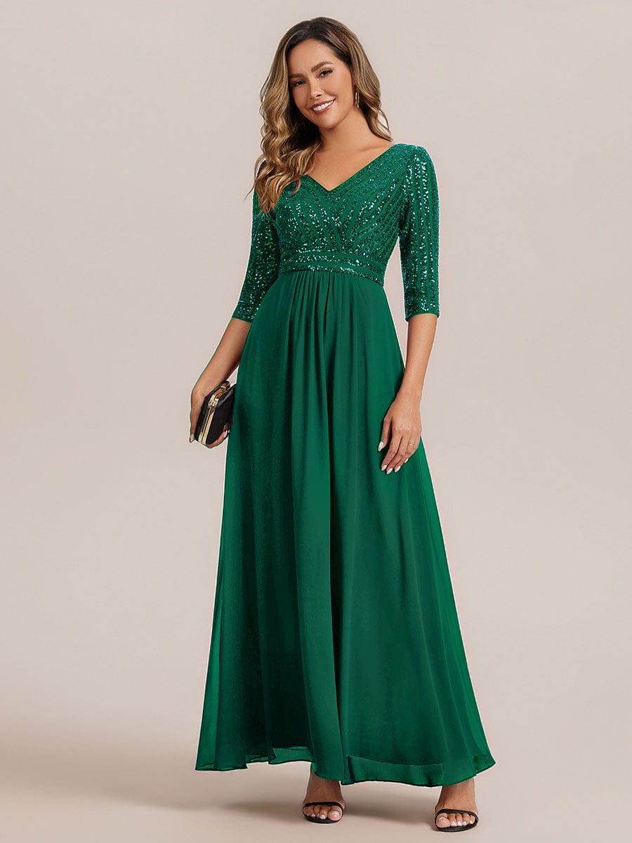 Sexy V Neck A-Line Sequin Evening Dresses with 3/4 Sleeve #color_Dark Green