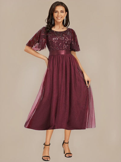 Sequin Leaf Midi Wedding Guest Dress #color_Burgundy