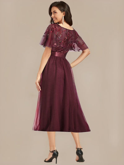 Sequin Leaf Midi Wedding Guest Dress #color_Burgundy