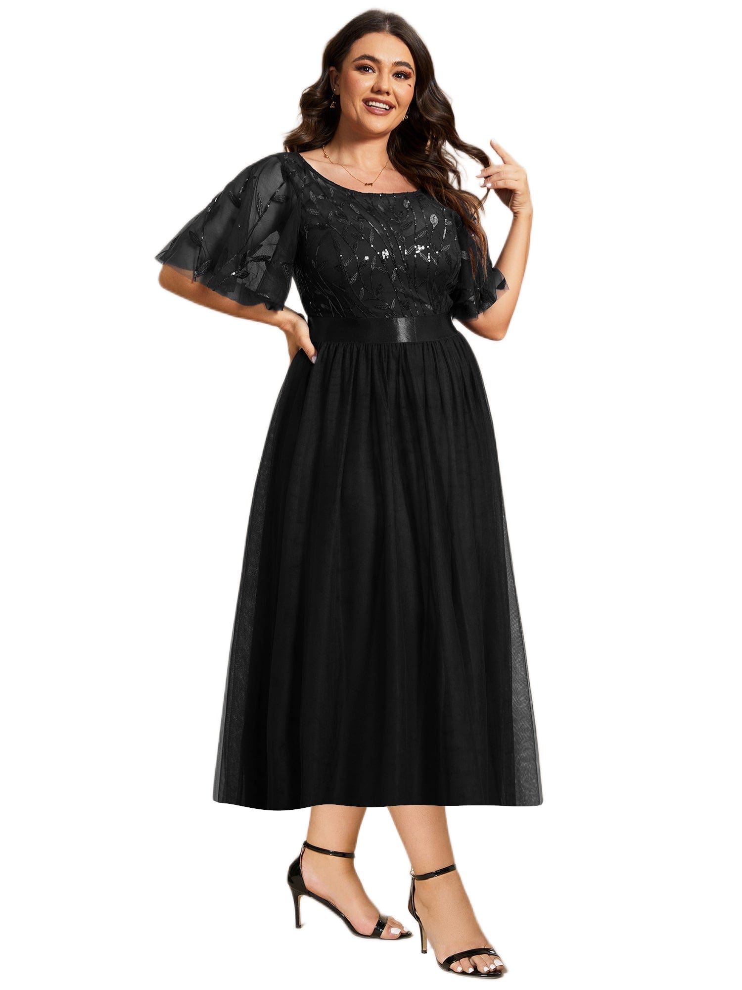 Sequin Leaf Midi Wedding Guest Dress #color_Black