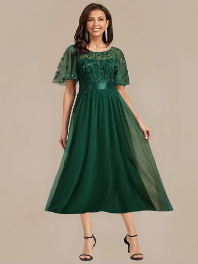 Sequin Leaf Midi Wedding Guest Dress #color_Dark Green