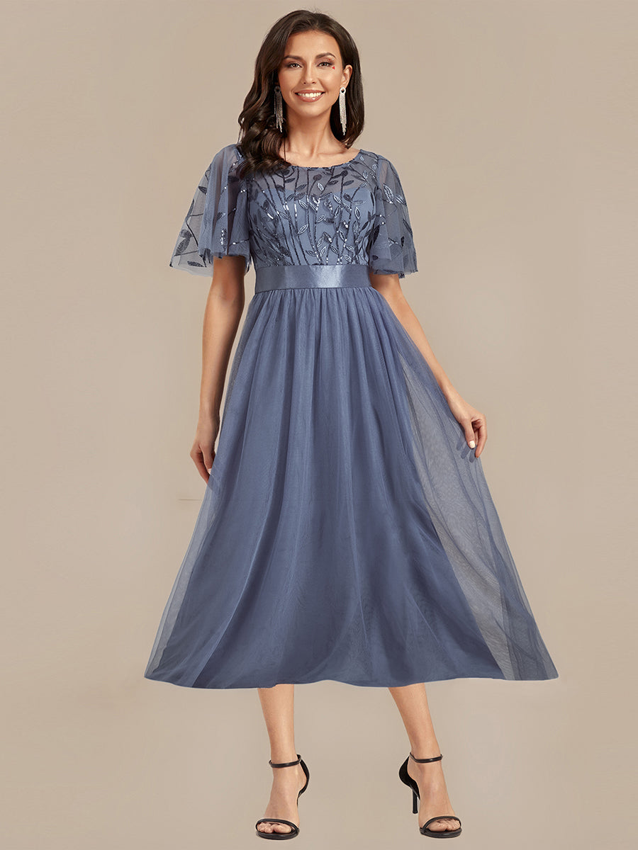 Sequin Leaf Midi Wedding Guest Dress #color_Dusty Blue
