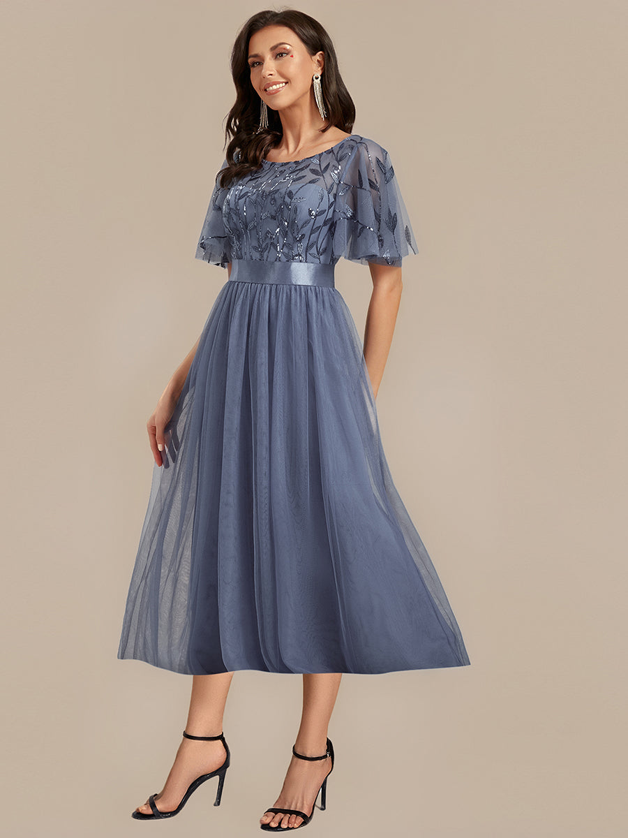 Sequin Leaf Midi Wedding Guest Dress #color_Dusty Blue