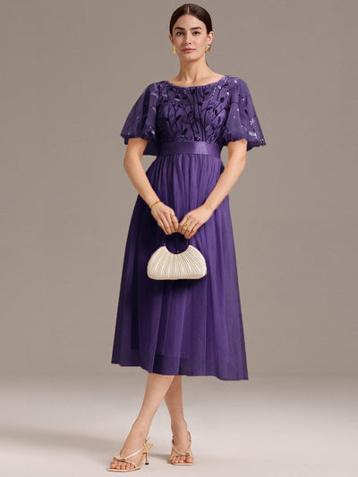 Leaf Sequin Midi Wedding Guest Dress #color_Dark Purple