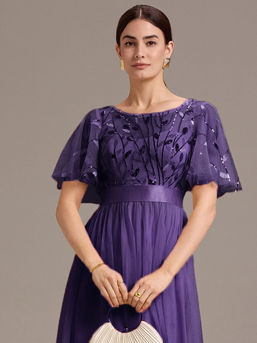 Leaf Sequin Midi Wedding Guest Dress #color_Dark Purple