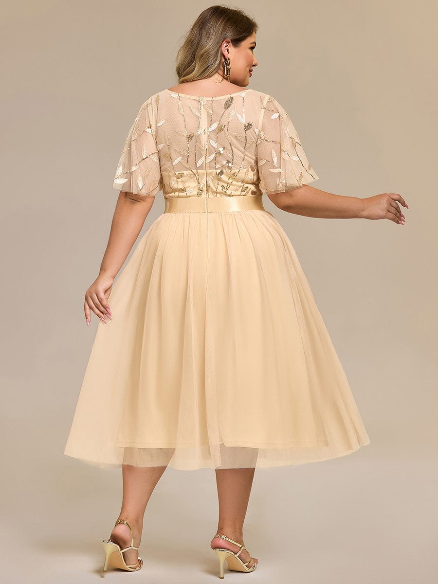 Sequin Leaf Midi Wedding Guest Dress #color_Gold