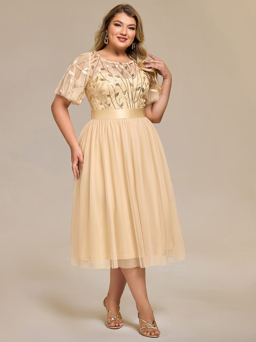 Sequin Leaf Midi Wedding Guest Dress #color_Gold