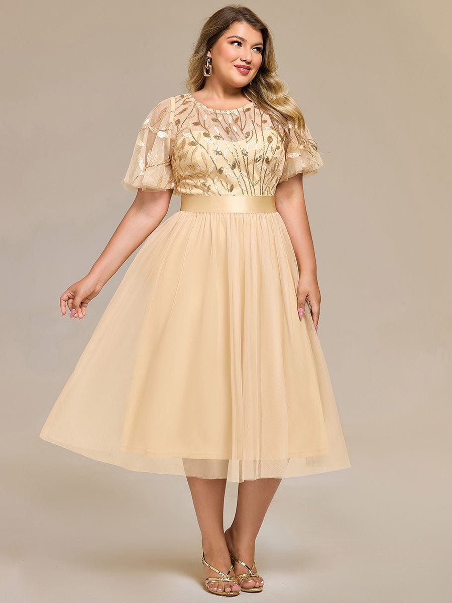 Sequin Leaf Midi Wedding Guest Dress #color_Gold