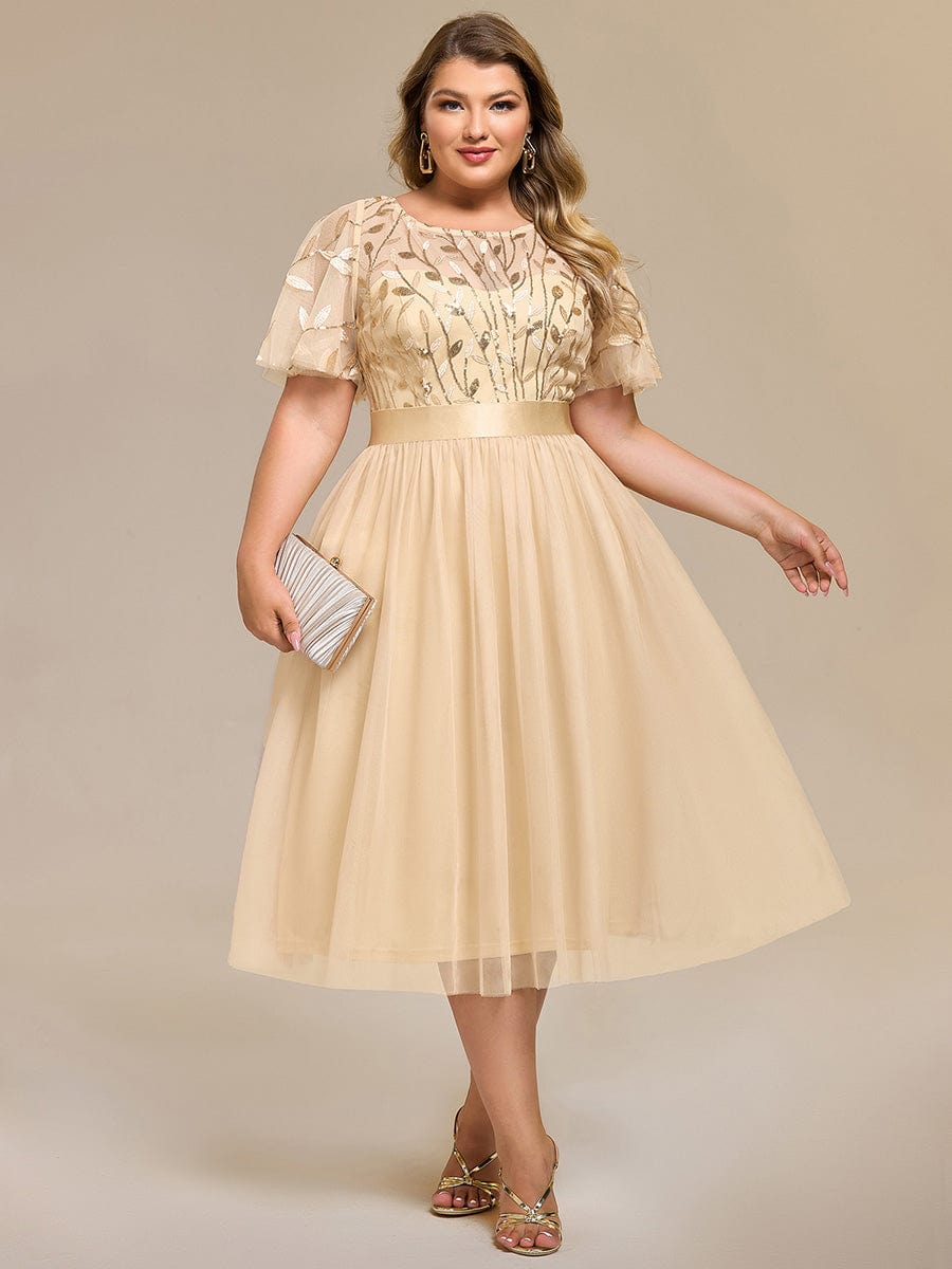 Sequin Leaf Midi Wedding Guest Dress #color_Gold