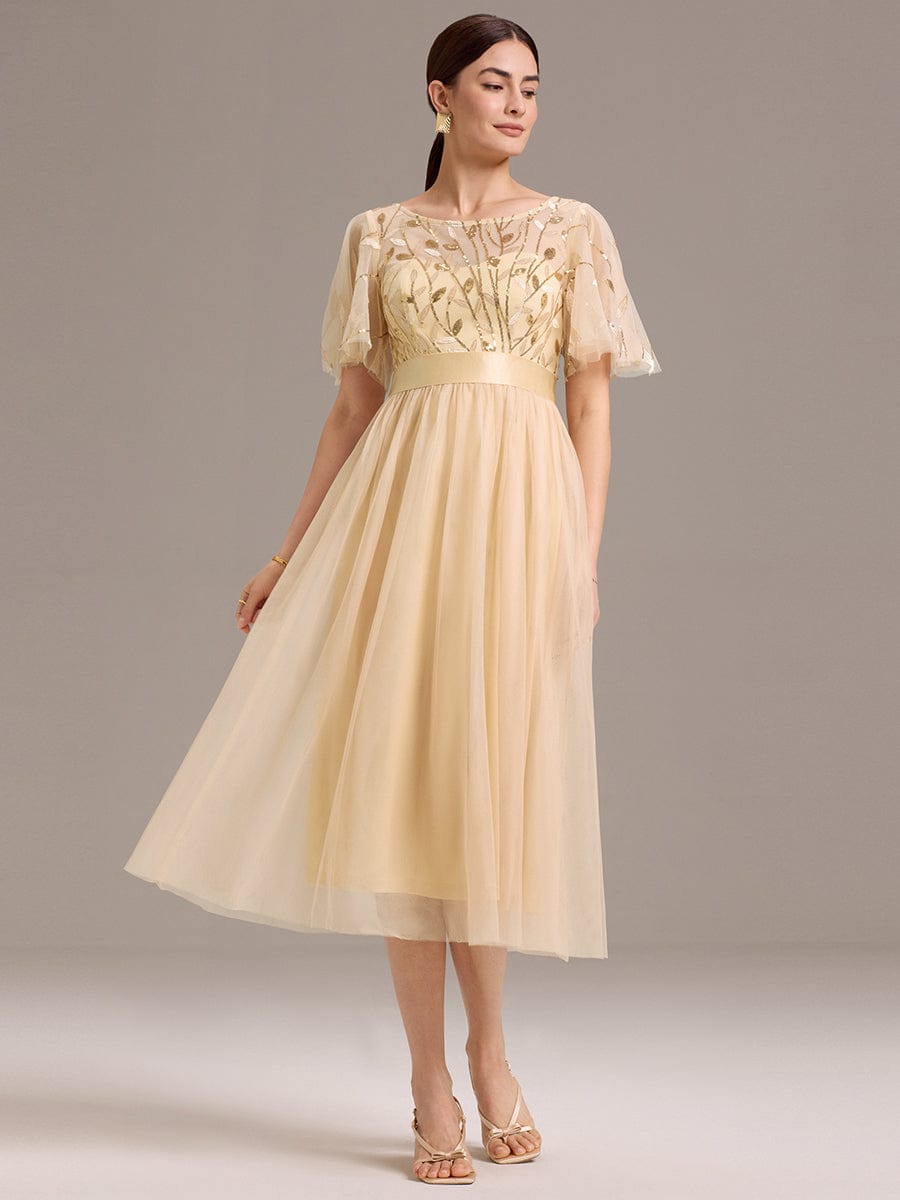 Sequin Leaf Midi Wedding Guest Dress #color_Gold