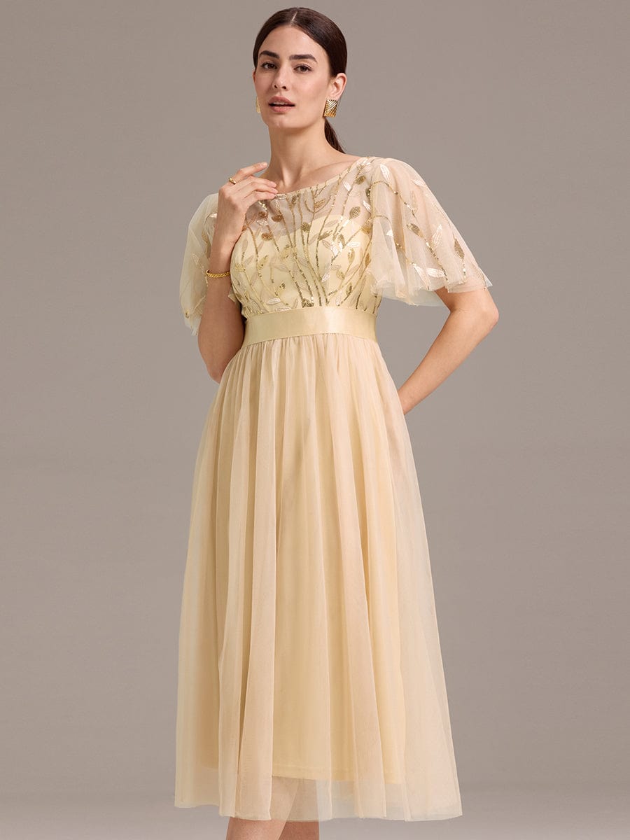 Sequin Leaf Midi Wedding Guest Dress #color_Gold