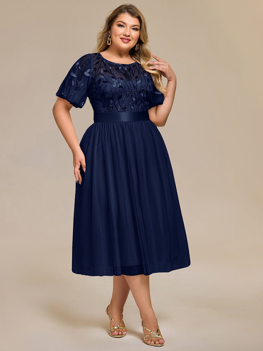 Sequin Leaf Midi Wedding Guest Dress #color_Navy Blue