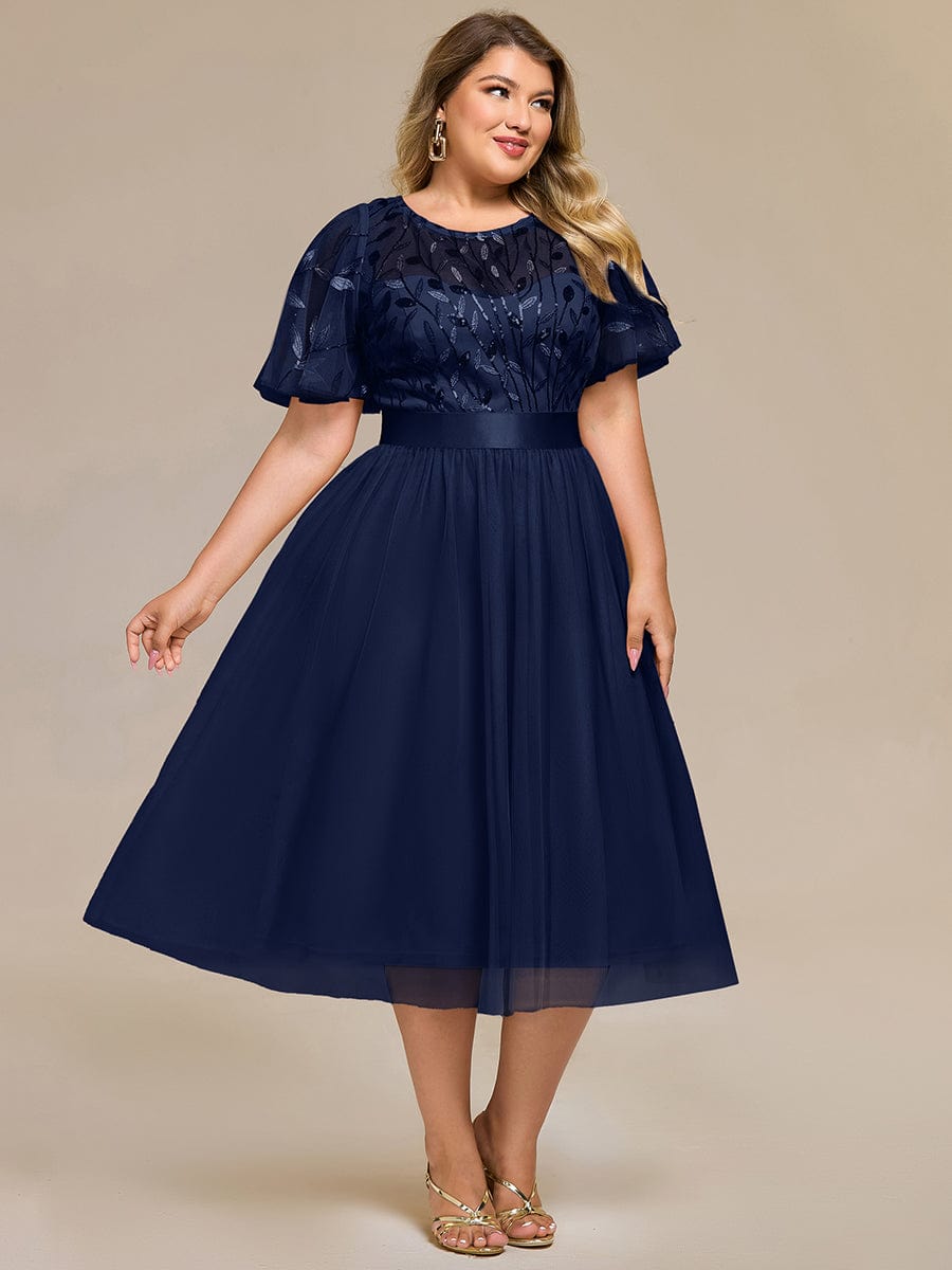Sequin Leaf Midi Wedding Guest Dress #color_Navy Blue
