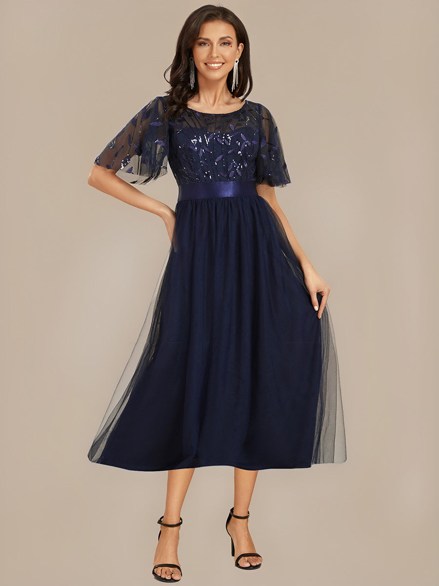 Sequin Leaf Midi Wedding Guest Dress #color_Navy Blue