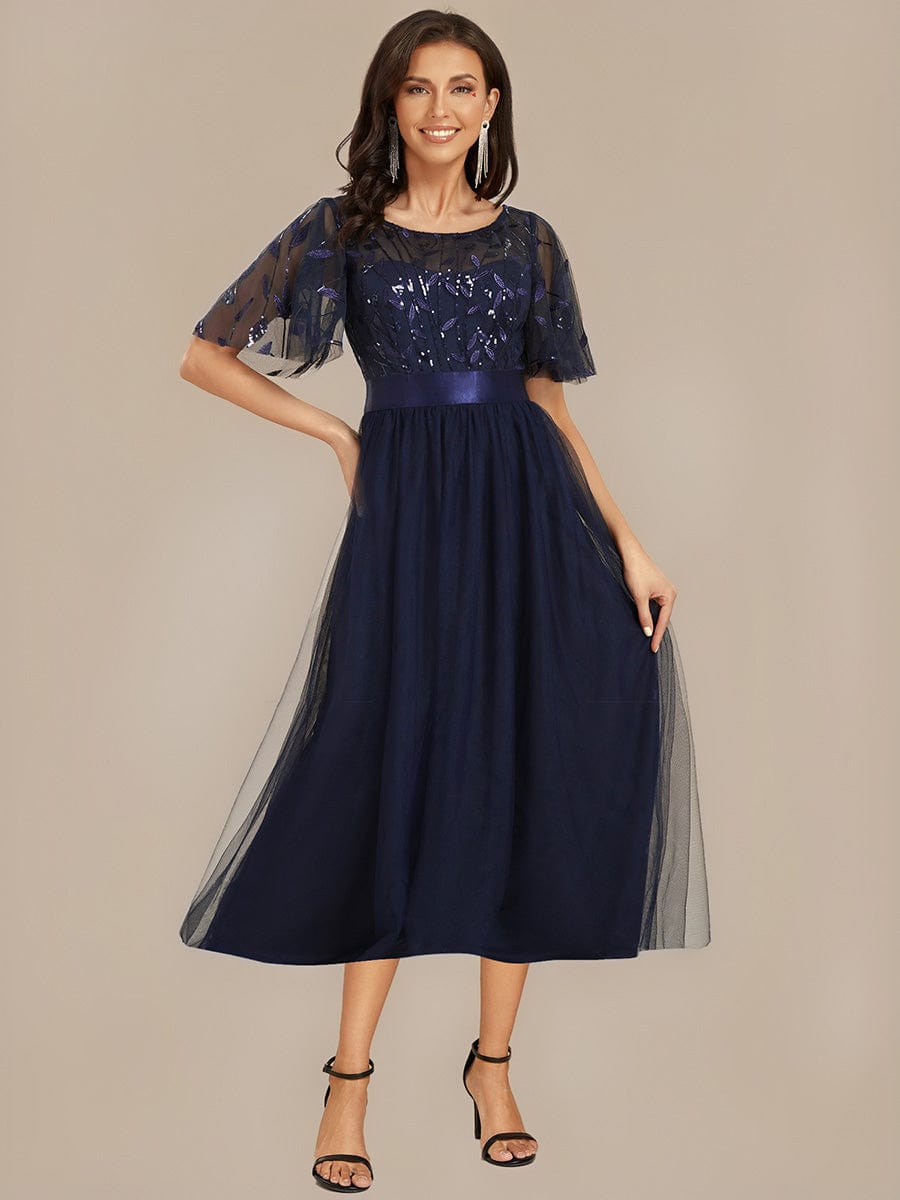 Sequin Leaf Midi Wedding Guest Dress #color_Navy Blue