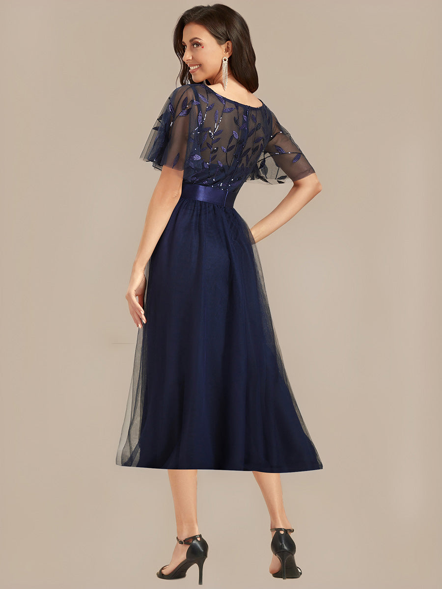 Sequin Leaf Midi Wedding Guest Dress #color_Navy Blue