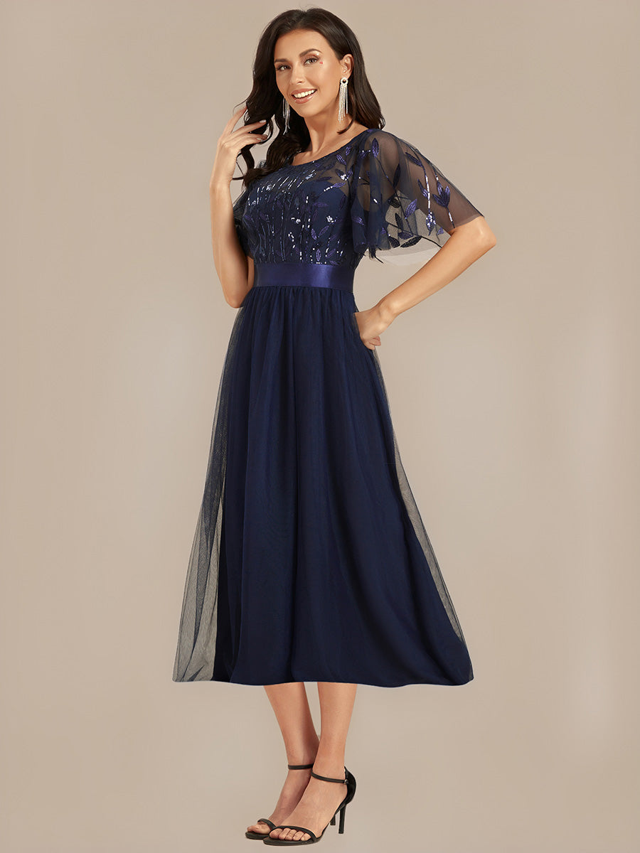 Sequin Leaf Midi Wedding Guest Dress #color_Navy Blue