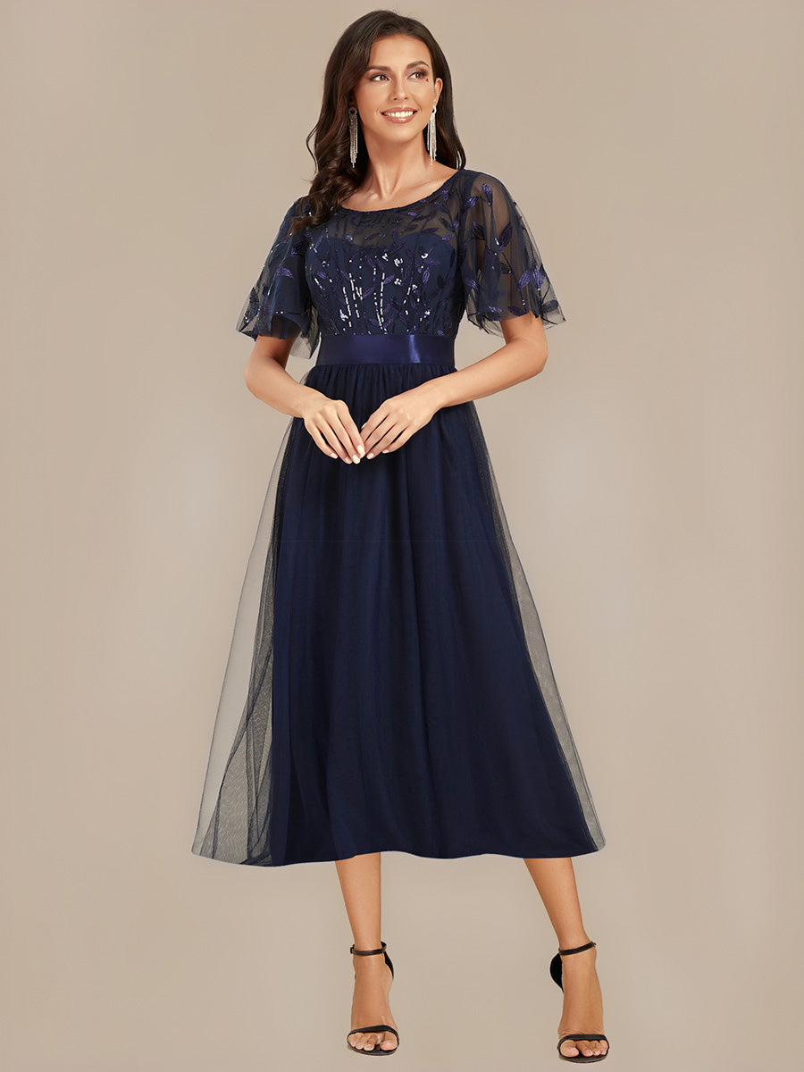 Sequin Leaf Midi Wedding Guest Dress #color_Navy Blue