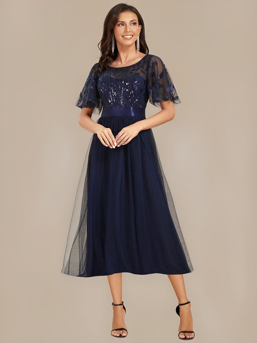 Sequin Leaf Midi Wedding Guest Dress #color_Navy Blue