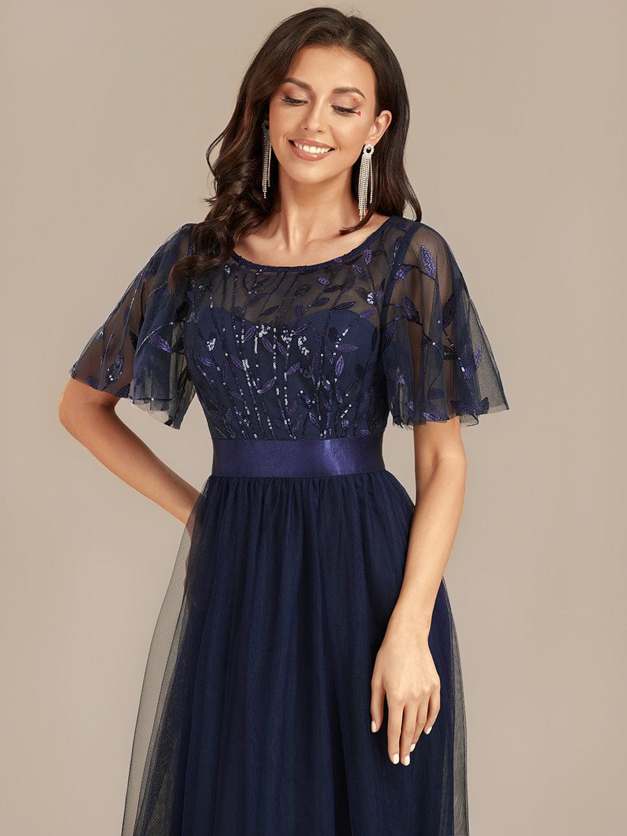 Sequin Leaf Midi Wedding Guest Dress #color_Navy Blue