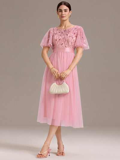 Leaf Sequin Midi Wedding Guest Dress #color_Pink